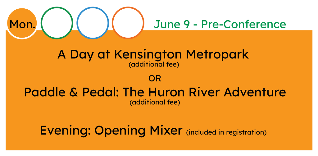 Monday June 9 PreConference Registration Options Option 1 A Day at Kensington Metropark additional fee Option 2 Paddle & Pedal: The Huron River Adventure additional fee Evening Opening Mixer included in registration